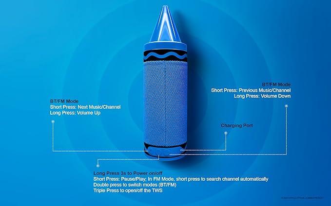 Crayola Kids Crayon Speakers Bluetooth Wireless, Portable Bluetooth Speakers 20W Peak Power HD Sound, Mini Bluetooth Speaker with TWS Pairing BT 5.3, FM Radio Home/Party/Outdoor/Travel