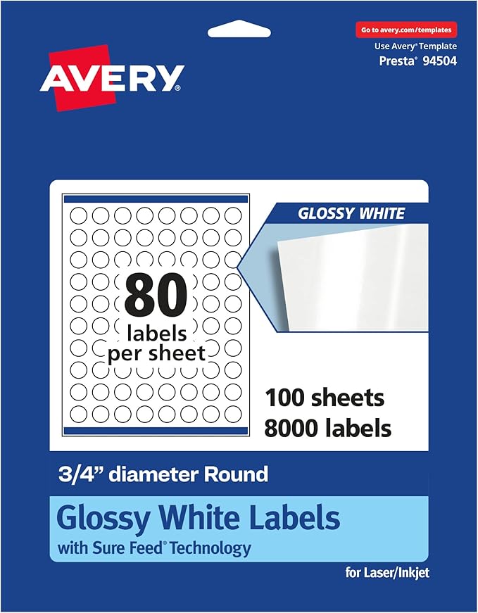 Avery Glossy White Round Labels, Sure Feed Technology, 3/4" Diameter, 8,000 Glossy White Labels, Print-to-The-Edge, Permanent Adhesive, Laser/Inkjet Printable