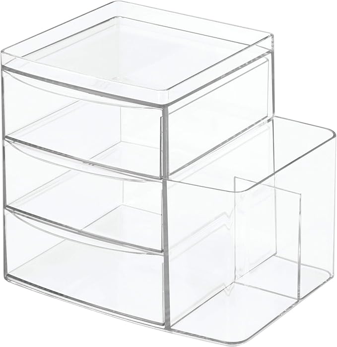 iDesign Clarity Cosmetic Organizer for Vanity Cabinet to Hold Makeup, Brushes, Beauty Products - 3 Drawers and Caddy, Clear