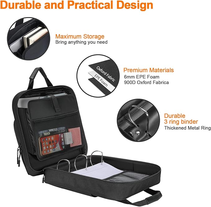 4 Inch 3 Ring Zipper Binder D-Ring, Binder with Strap 800 Sheet Capacity & Multi-Pockets School and Office Organizer, Compatible with 13-Inch MacBook(Patent Design Black)