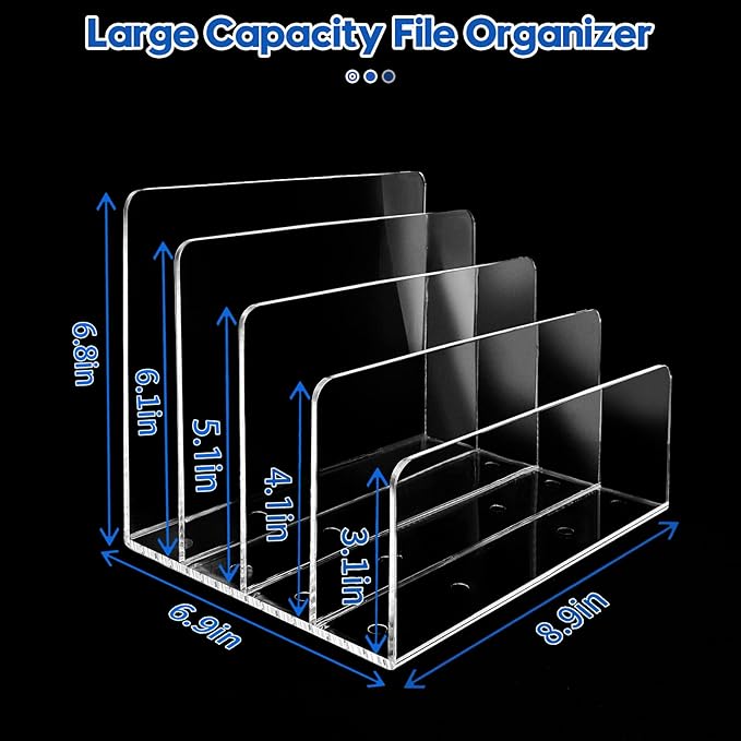 4 Section Acrylic File Organizer, Clear Desk Organizer and Accessories, Sturdy File Folder Holder Sorter, Office Supplies for Mail Letter Paper Electronic Notebook