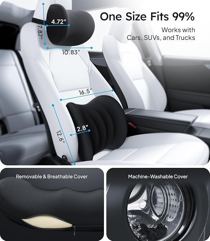 Wigoo 2026 Car Neck Pillow and Lumbar Support Pillow for Car Kit [Ergonomic Design, Pressure Relief] Soft Car Headrest Pillow Back Cushion with Adjustable Strap, Fits All Vehicles (Black)