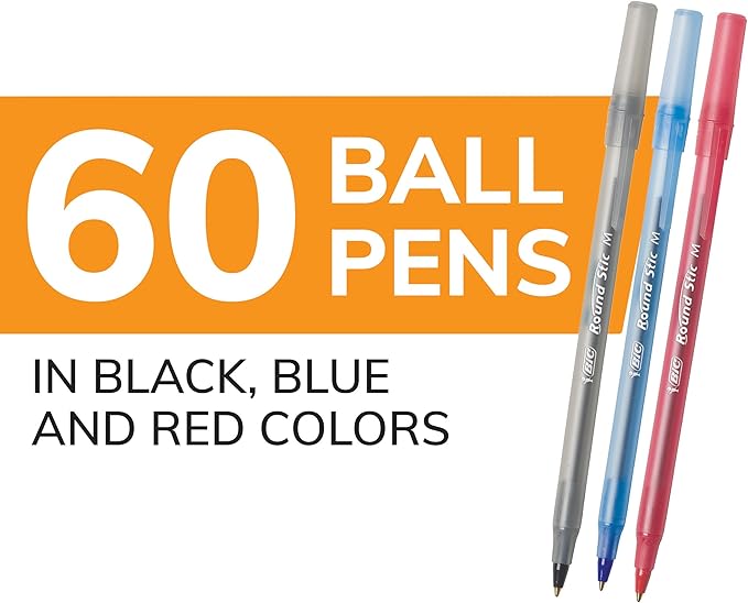 BIC Round Stic Xtra Life Assorted Ink Ballpoint Pens, Medium Point (1.0mm), 60-Count Pack of Bulk Pens, Flexible Round Barrel for Comfortable Writing, No. 1 Selling Ballpoint Pens