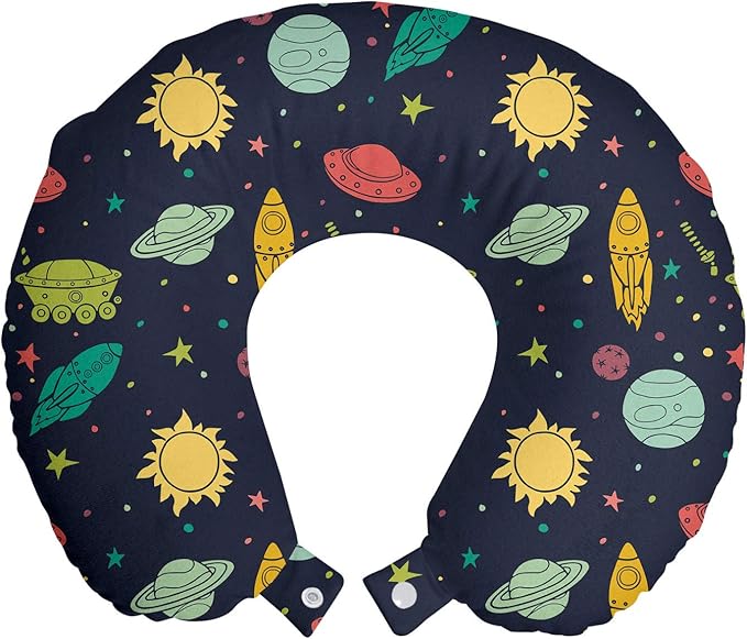 Ambesonne Outer Space Travel Pillow Neck Rest, Galaxy Themed Image with Stars Planets Spacecrafts and Rockets, Memory Foam Traveling Accessory for Airplane and Car, 12", Multicolor