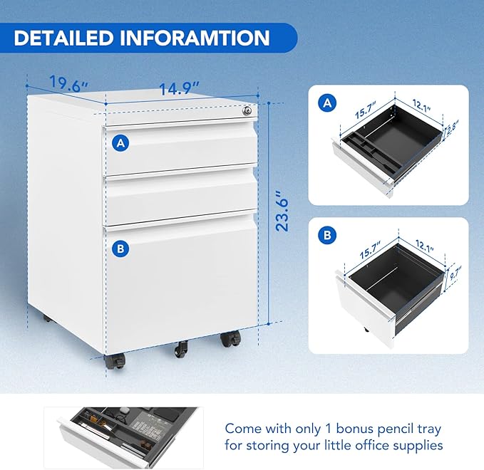 FLEXISPOT 3 Drawer Mobile File Cabinet for Home Office Under Desk Storage, Filing Cabinet with Lock Keys, File Organizer Cabinet for Legal/Letter/A4 File, White
