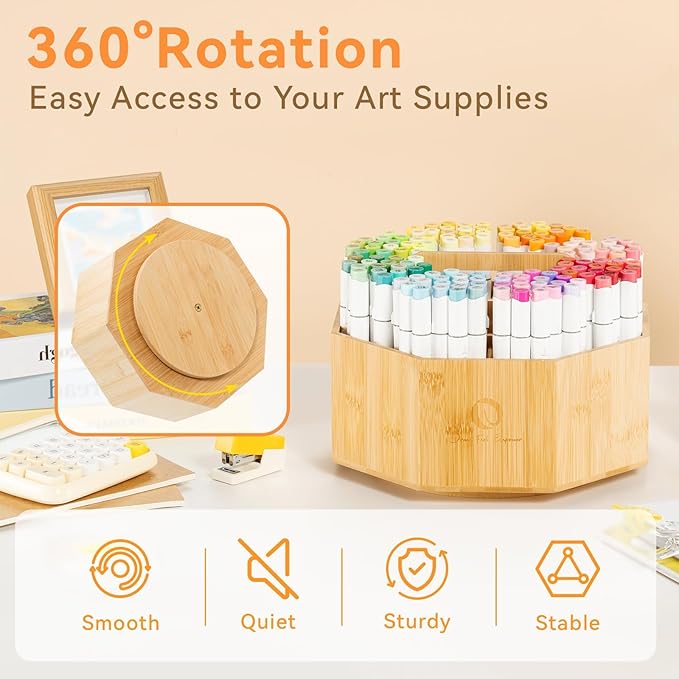 Ohuhu Rotating Marker Organizer for Alcohol Markers, 360-Degree Rotating Bamboo Storage Hold 162 Honolulu& B Alcohol Markers, Pens Pencil Holder with 8 Compartments for Home Classroom Office Decor