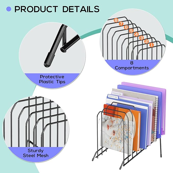 Incline Metal Desk Magazine Folder Holder, Sorter Desk File Organizer with 8-Section Vertical Compartments Rack File Organizer for Office, Home, School (2 Pack)
