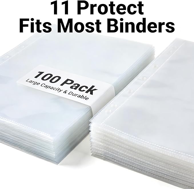 100 Pack 11-Hole 9-Pocket Binder Sleeves, Top-Loading Card Protectors, Waterproof & Dustproof, Thick Clear Material, Fits Most 3-Ring Binders, High Transparency for Trading Cards/Photos