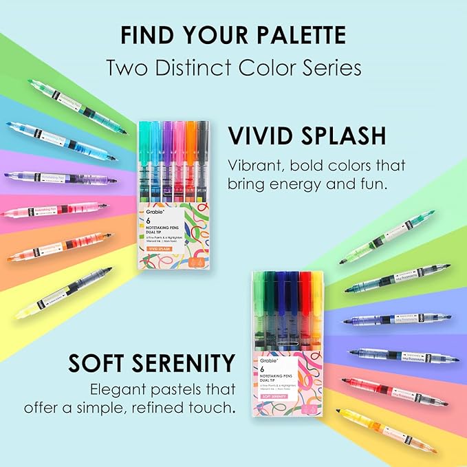 Grabie Dual Tip Notetaking Pens (3.5mm Chisel + 0.5mm Needle), Dual Tip Highlighter Markers for Journaling, Colored Pens for Note Taking and Adult Coloring Books (Vivid Splash)