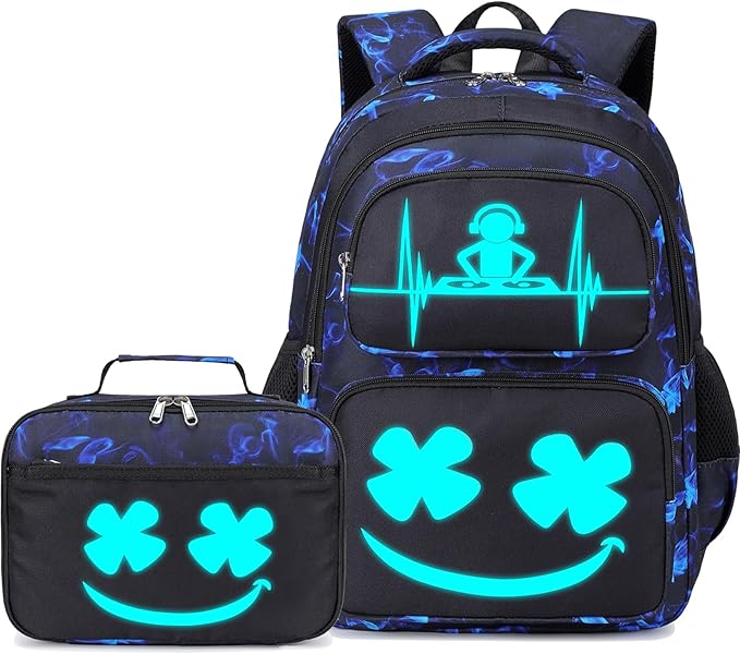 Boys Backpack with Lunch Box Glow in Dark Kids Ages 4-12 Kindergarten Elementary Middle School Teens Bookbag Mochilas Para Niños, Luminous Face Black Blue
