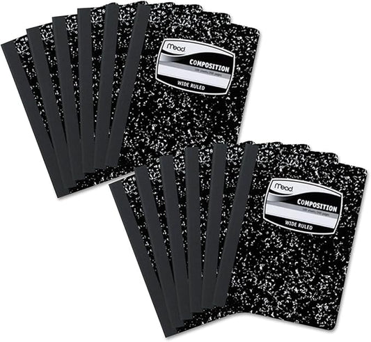Mead Composition Notebook, 12 Pack, Wide Ruled Paper, 7-1/2" x 9-3/4", 100 Sheets per Comp Book, Black Marble (72936)