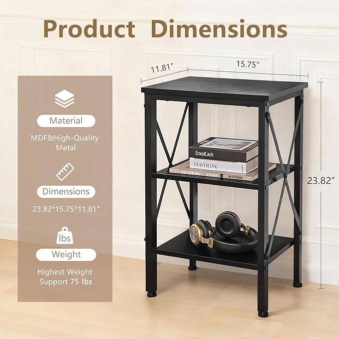 VECELO End Table, Bedside Table, 24" Tall Living Room End Tables, X-Design Reinforced Nightstands, Side Table with 3-Tier Storage Shelves for Small Spaces, Office, Bathroom, Bedroom, Classic Black
