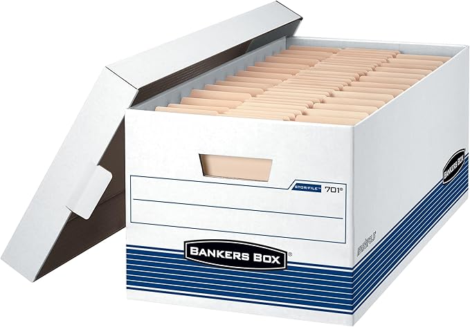 Bankers Box 0070205 STOR/FILE Storage Box, Legal, Locking Lid, White/Blue, 4/Carton
