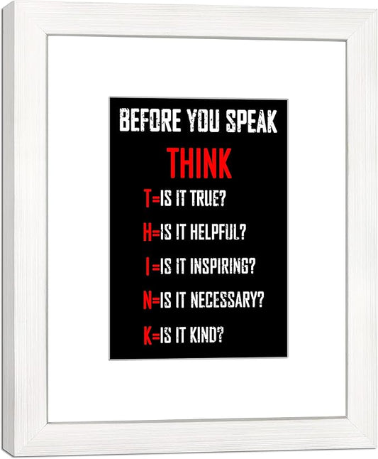 Wieco Art Think Quotes Wall Art Inspirational Canvas Print Motivation Classroom Decor With White Picture Frame and Real Glass Made to Display 5x7" with Mat or 8x10" Without Mat for Home Office Wall Decoration