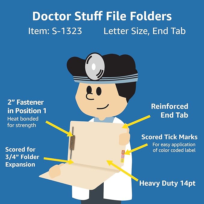 Medical File Folders with Fastener, Doctor Stuff, Letter Size, Reinforced End Tab Folders with 2” Bonded Fastener on Inside Back, 14 pt Manila Stock, Box of 50