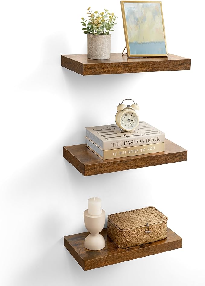 VASAGLE Wall Shelves Set of 3, Floating Shelves, 8 x 15.7 x 1.5 Inches, Display Shelves for Picture Frames, Wall Decor, Hanging Shelf for Living Room, Kitchen, Rustic Brown ULWS055B01