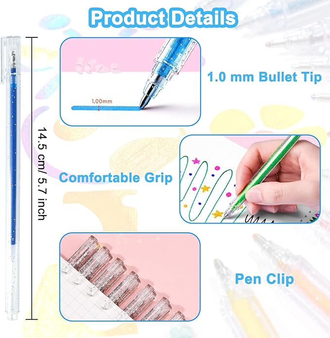 SAYEEC Glitter Gel Pens, 24 Colored Metallic Gel Pens Set, 1.0mm Super Sparkle Gel Ink Pens, Art Glitter Paint Markers for Adult Coloring Books Scrapbook Journaling Drawing Doodling Note Taking Crafts