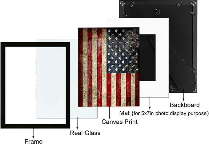 Wieco Art Old Vintage American Flag Wall Art Canvas Print Motivation Classroom Decor With Red Picture Frame and Real Glass Made to Display 5x7" with Mat or 8x10" Without Mat for Home Office Wall Decoration