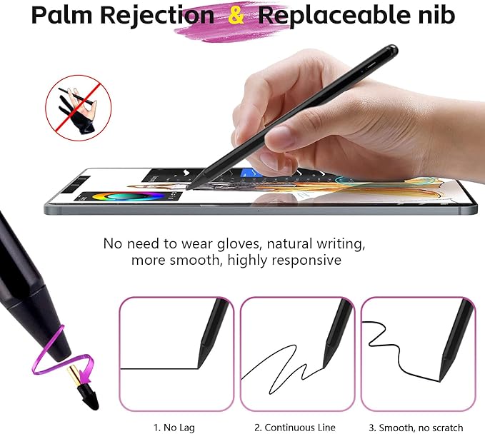 Stylus Pen 2X Fast Charge Active Compatible with 2018-2025 Apple 11"/12.9"/M4/M5, iPad Air 3/4/5/M2/M3, iPad A16/11/10-6, iPad mini 5/6 Gen-Black