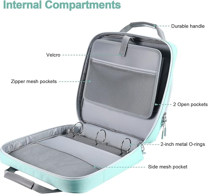 3 Ring Zipper Binder 2 Inch with Shoulder Strap 500 Sheet Capacity & Multi-Pockets for School and Office Binder Organizer, Compatible with 13-Inch MacBook/Tablet (Patent Design Light Blue)