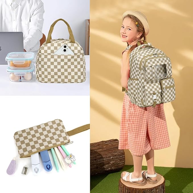 Girls School Backpack Set - Teens Kids School Bag Bookbag with Lunch Box Pencil Case for Elementary Middle School (Checkered Khaki)