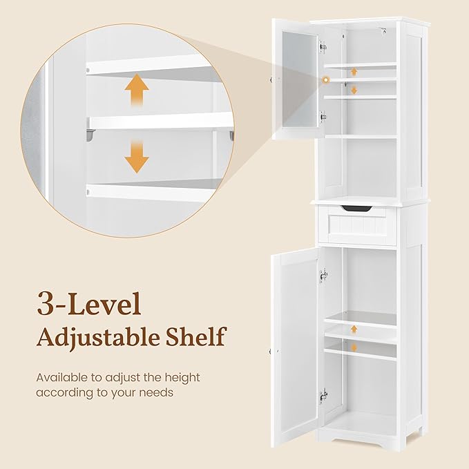 Yaheetech 67”Tall Bathroom Storage Cabinet,Narrow Floor Cabint with 2 Doors and 1 Drawer,Slim Bathroom Organizers,Adjustable Shelves,Storage Unit for Living Room, Entryway,Kitchen,White