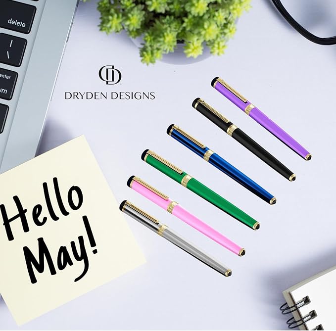Dryden Designs Fountain Pen. Medium Nib Premium Box | 6 Ink Cartridges Included (Mysterious Blue)