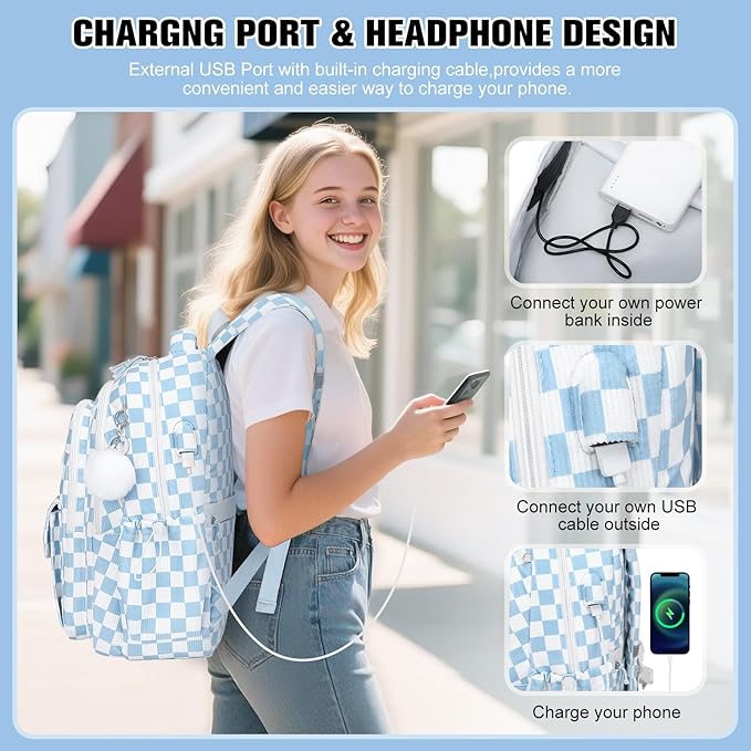 Bevalsa Backpack for Gilrs, 3PCS Corduroy Kids Backpack Set with Lunch Box & Pencil Pouch, Bookbag Daypack Laptop Bag for Women Teens Elementary Middle High School