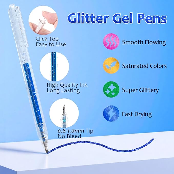 LET'S RESIN PAINT Glitter Gel Pens,44 Metallic Sparkly Colors Glitter Pens，Quick-Drying Gel Ink Pen,Retractable Colored Gel Pen for Adult Coloring Books，Valentine’s Day Gifts,Easter Basket Stuffers