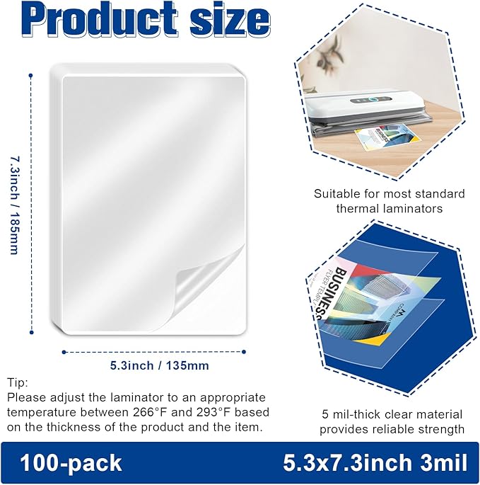 100 Pack 3mil Thermal Laminating Pouches 5“x7" Badge Laminate Pouches Clear Laminated Luggage Tags Printable Laminator Pouches for Business Permits Cards