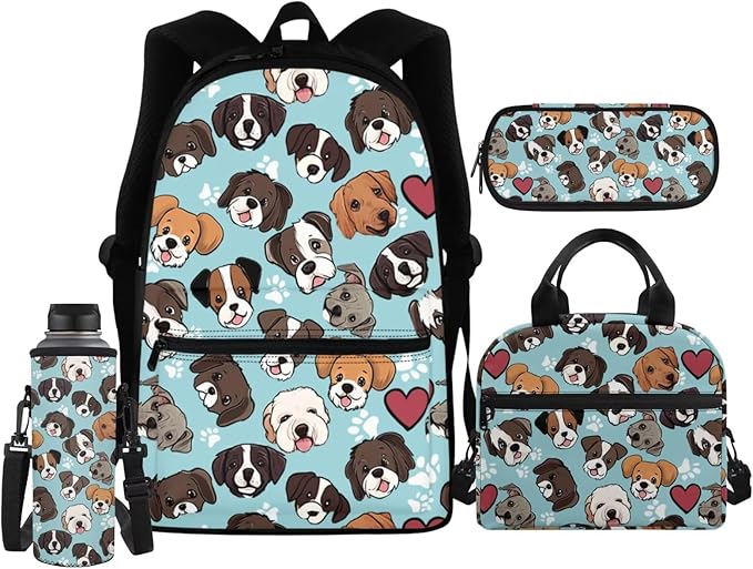 Pug Dog Backpack for Girls Boys 6-8 7-10 14-16 Kids School Bag Teen Schoolbag Elementary Kindergarten Bookbag with Lunch Bag Pencil Case Water Bottle Carrier Cover