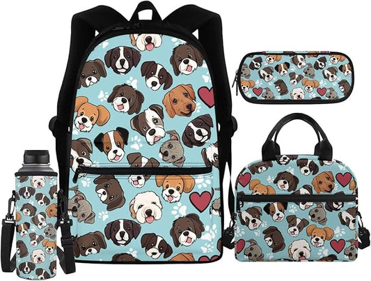 Pug Dog Backpack for Girls Boys 6-8 7-10 14-16 Kids School Bag Teen Schoolbag Elementary Kindergarten Bookbag with Lunch Bag Pencil Case Water Bottle Carrier Cover