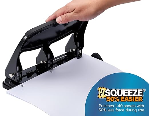 Bostitch Office EZ Squeeze 40 Sheet 3-Hole Punch, Heavy Duty, Black