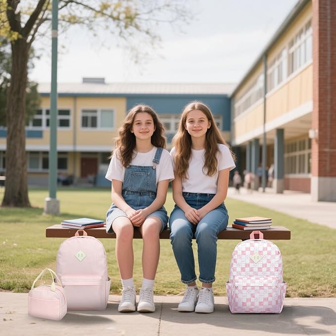 School Backpack for Girls, 3PCS Bookbags Set with Lunch Box Pencil Pouch Elementary Middle School Bag Laptop Back Packs (Cat Checkered Pink)