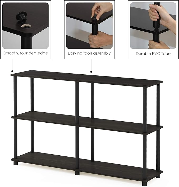 Furinno TURN-N-TUBE Storage Shelves, 3-Tier 47.4 Wide Book Shelf, Corner Shelf, Toolless Open Shelves, for Organization and Storage, Living Room, Garage, Home Office, Espresso