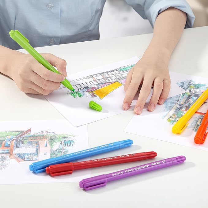 AECHY 8PCS Curve Highlighter Pen Set, Dual Tip Marker Pens with 6 Different Curve Shapes & 8 Colors Mark Lines, Aesthetic Curve Marker Highlighter for Journal Planner School Supplies