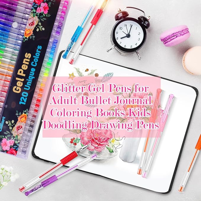 Caliart 120 Colors Gel Pens, Colored Neon Glitter Pen Set for Coloring Books, 40% More Ink Fine Point, Gifts for Adults Drawing Journaling Scrapbook Art Supplies