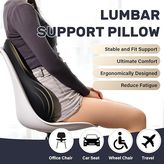 Coverado Lumbar Support Pillow for Car, Ergonomic Memory Foam Back Pillow for Office Chair, Back Cushion for Back Pain Relief, PU Leather Car Lumbar Support for Driving Seat - Black