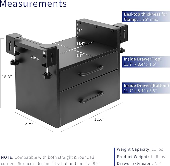 VIVO Corner Clamp-on Under Desk Drawer and Shelf System, Office Accessory Holder for Supplies, Gaming Devices, and More, Multi-Level Storage, Workstation Organizer, Black