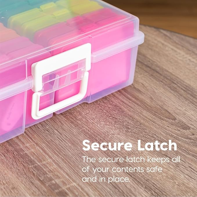 IRIS USA 4" x 6" Photo Storage Box Craft Keeper, 2-Pack, Transparent Handle Container with 16 Organization Holder Cases for Pictures, Tasks, Ephemera, Scrapbooking, Stationery, Multi-Color/Clear
