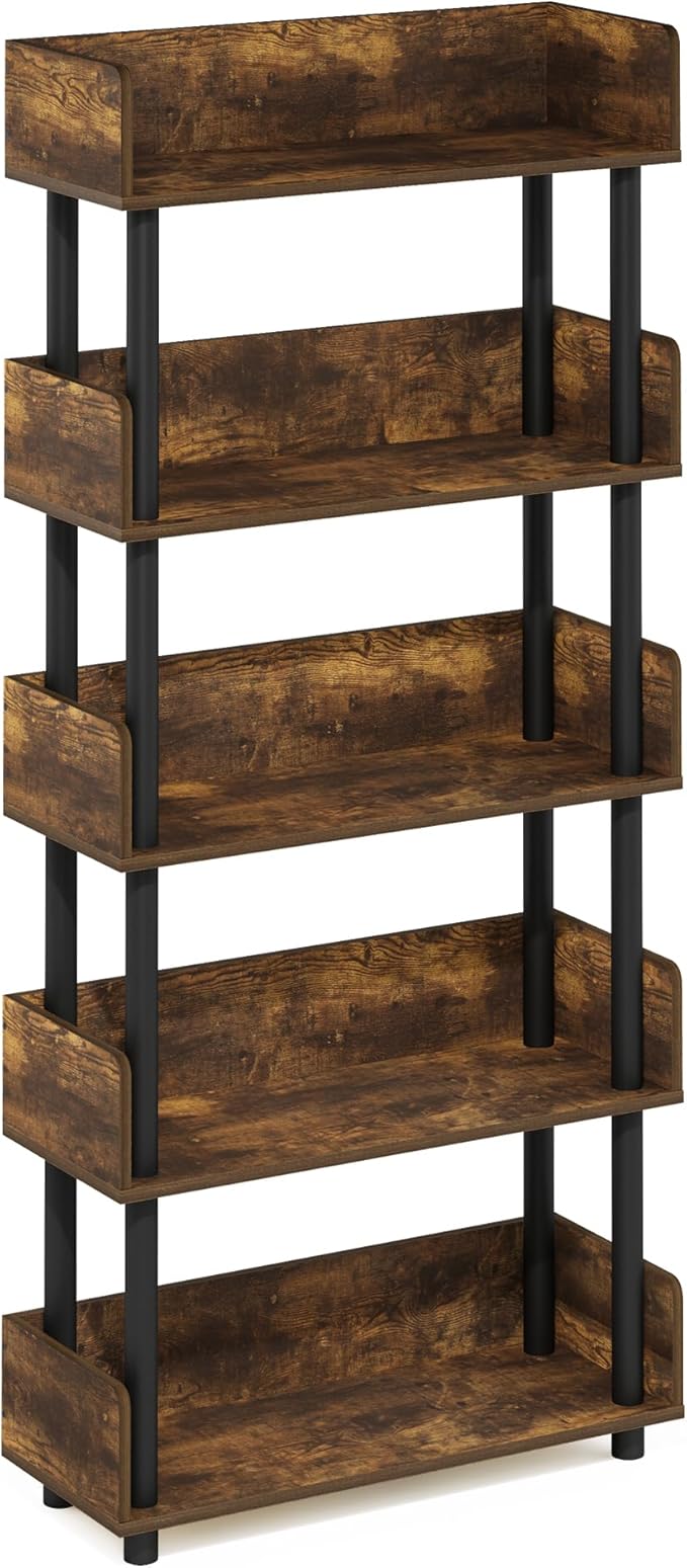 Furinno TURN-N-TUBE 5-Tier Display Shelf, Storage Shelves, Book Shelf, Open Shelves with Rounded Corner Top Edges, for Organization and Storage, Living Room, Home Office, Amber Pine