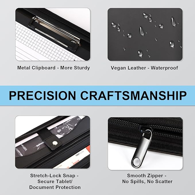 Eshow Leather Portfolio Professional Business Padfolio with Zipper - Interview Resume Notefolio Premium Legal Document Organizer with Card Holder, Writing Pad and File Folders for Men and Women