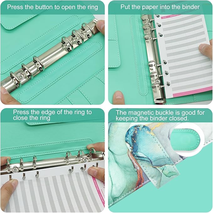 A6 Refillable 6 Ring Faux Leather Budget Binder,Mini Notebook Binder Cover for A6 Filler Paper,Loose Leaf Personal Planner Cover with Magnetic Buckle Closure (Marble Green)