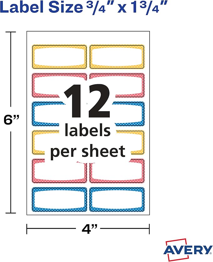 Avery Durable Labels for Kids' Gear, 3/4" x 1-3/4", Assorted Border Colors, Water-Resistant Labels, Writable and Laser/Inkjet Printable, 60 Per Pack, 180 Stickers Total (3-Pack of 31442)