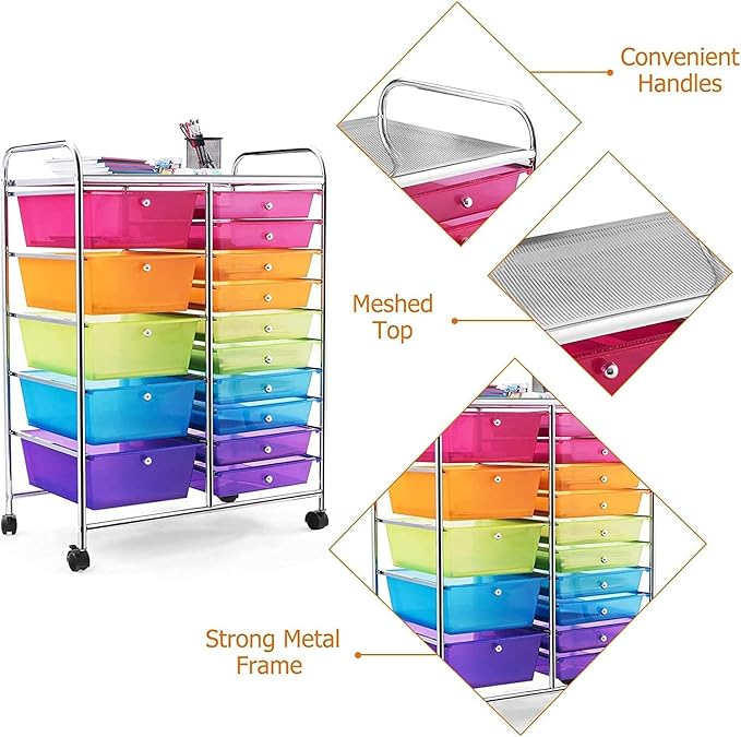 COSTWAY 15 Drawer Rolling Storage Cart, Mobile Utility Cart with Lockable Wheels, Drawers, Multipurpose Organizer Cart for Home, Office, School, Rainbow