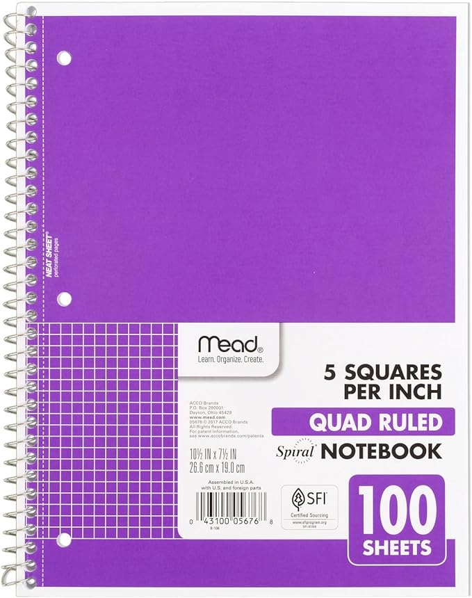 Mead Spiral Notebook, 1 Subject, Graph Ruled Paper, 7-1/2" x 10-1/2", 100 Sheets, Amethyst Purple (05676BA7)