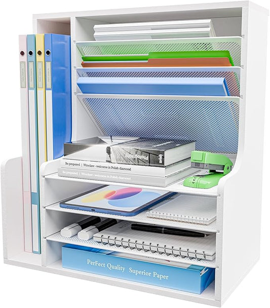 Simple Trending 7 Tier Desk File Organizer, Wooden Letter Tray Paper Organizer with Adjustable File Holder, Mesh Desktop Organizer and Storage for Office Supplies, White