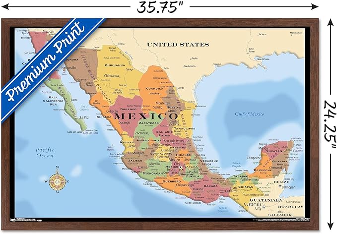 Trends International Map - Mexico Wall Poster, 22.375" x 34", Mahogany Framed Version