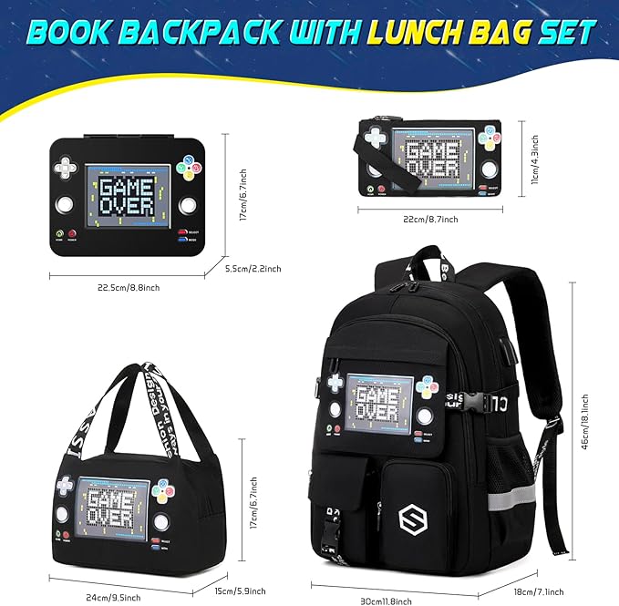Boys Backpack, Cool Luminous Gamer School Backpacks for Boys with Kids Bento Lunch Box Lunch Bag Pencil Case, Kids Backpack Book Bags for Kindergarten Elementary Middle School