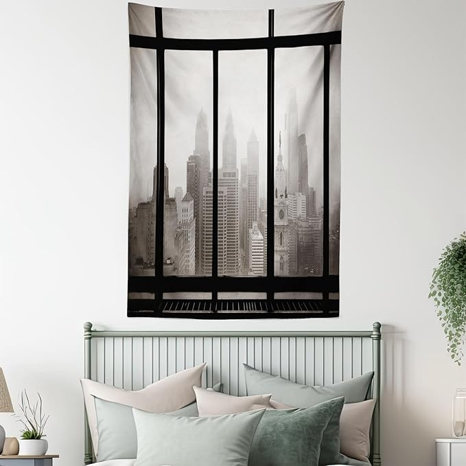 Ambesonne City Tapestry Twin Size, Philadelphia City Rooftop View Through Window Skyline Landmark Rooftop Travel, Wall Hanging Bedspread Bed Cover Wall Decor, 68" X 88", Grey Black
